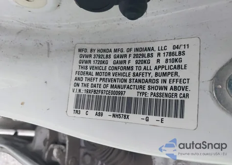 2012 Honda Civic Ex-L z USA, uszkodzony, nr VIN 19XFB2F97CE000997